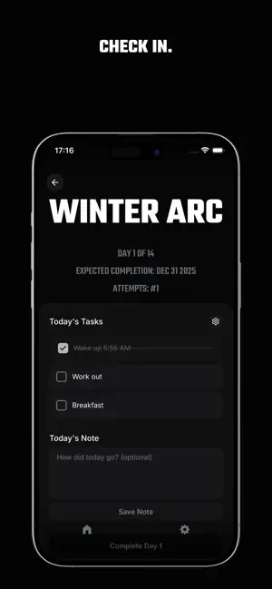 Check in. The dashboard showing day 1 of 14, today's tasks and today's note.